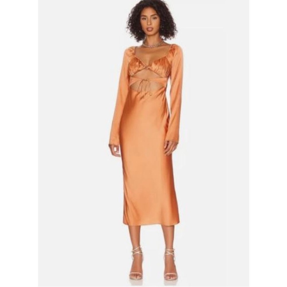 NWT‎ Revolve Camila Coelho Catia Midi Open Front Tie Long Sleeve Dress in Peach.
